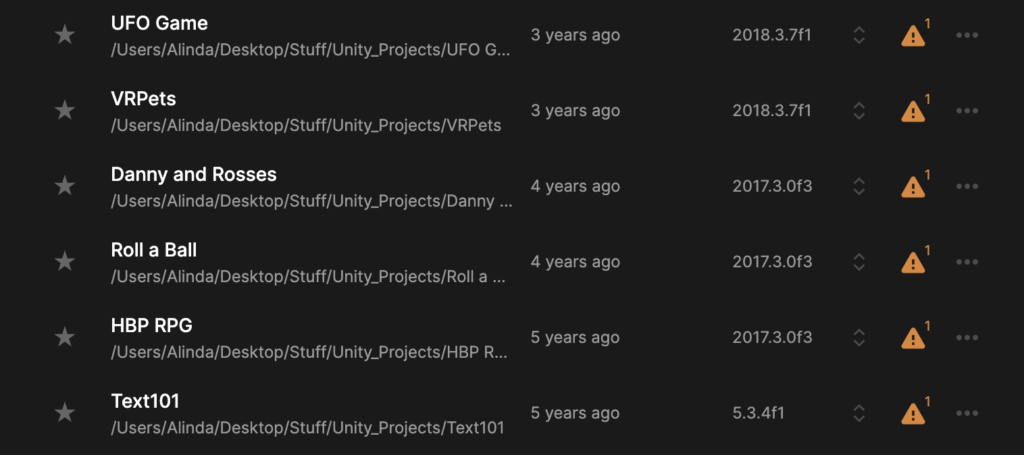 A list of game projects last opened 3-5 years ago in Unity Hub.